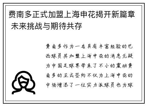 费南多正式加盟上海申花揭开新篇章 未来挑战与期待共存