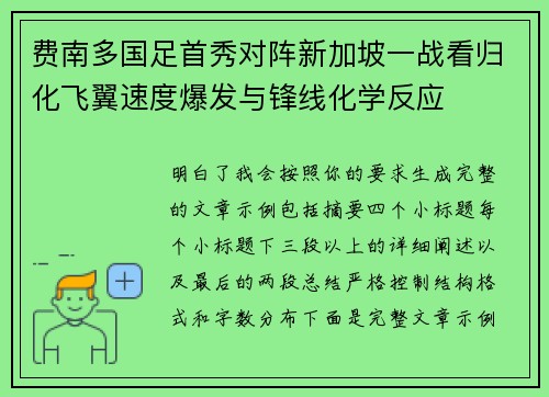 费南多国足首秀对阵新加坡一战看归化飞翼速度爆发与锋线化学反应